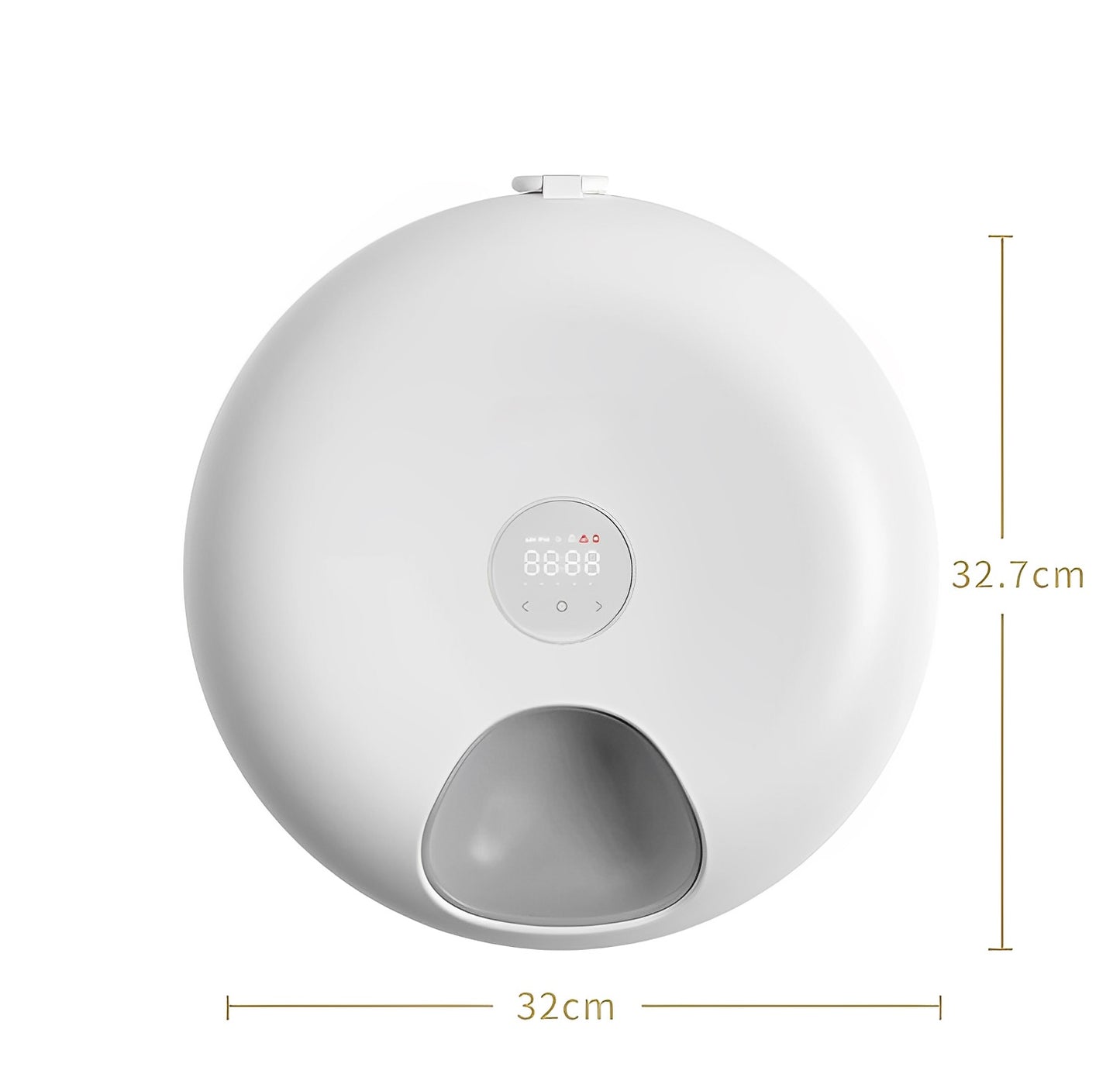 A white automatic cat feeder with a white background with measurements