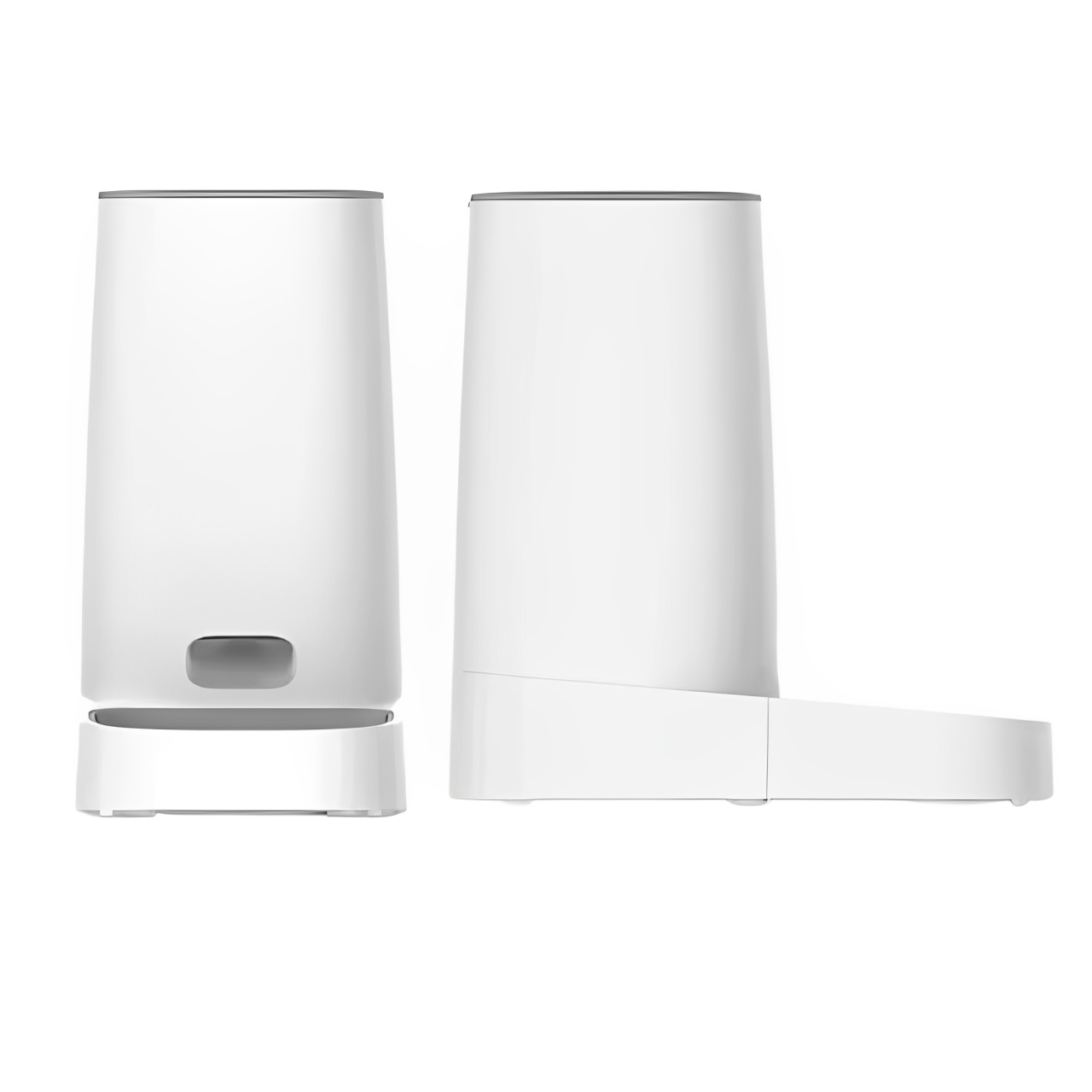 A white automatic cat feeder with a stainless steel food bowl seen from the front and sideways.