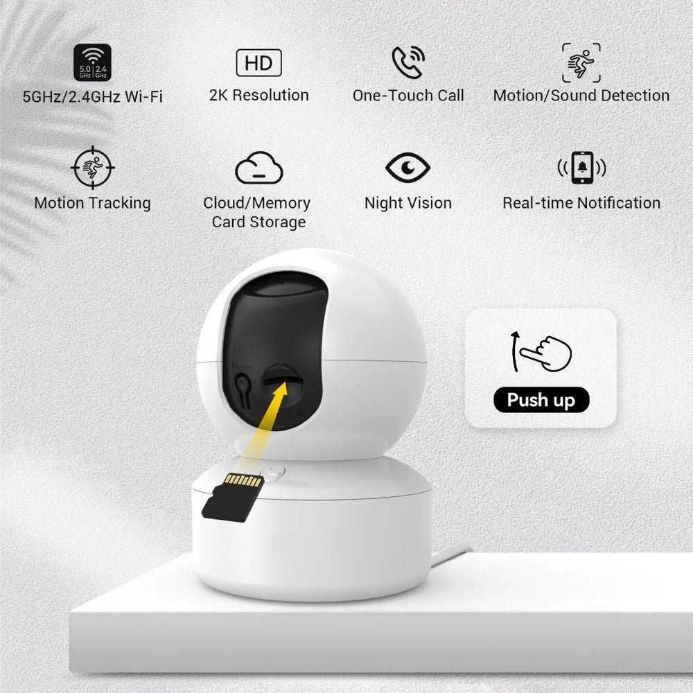 Smart home security camera with features listed on a white background