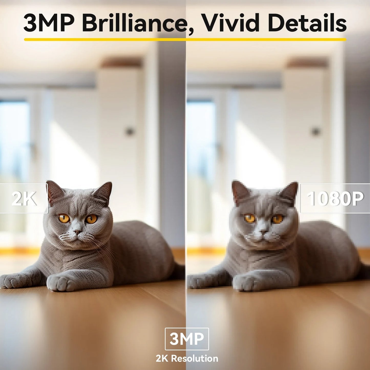 Comparison of a cat's image quality at 2K and 1080P resolutions with '3MP Brilliance, Vivid Details' text.