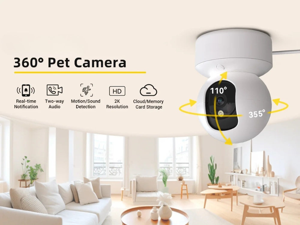 360-degree pet camera with features listed in a living room setting