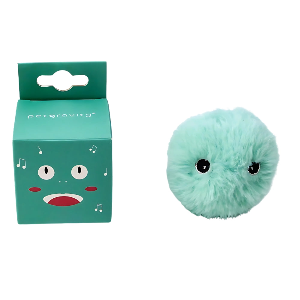 Green plush toy with a matching packaging box on a white background