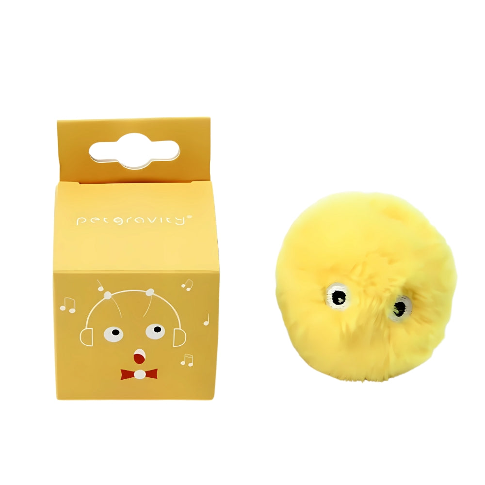 Yellow plush toy with a matching packaging box on a white background