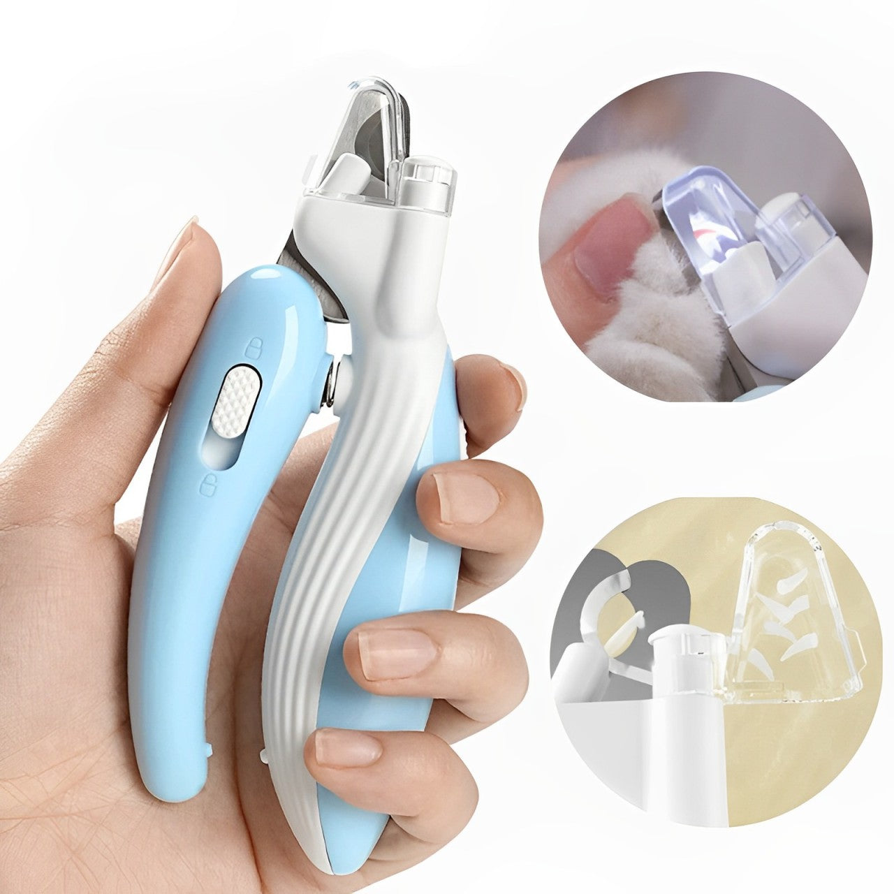 A blue and white cat nail clipper with an LED light, held in a hand, with additional images showing the clippers in use on a cat's paw and a close-up of the clipper's light feature.