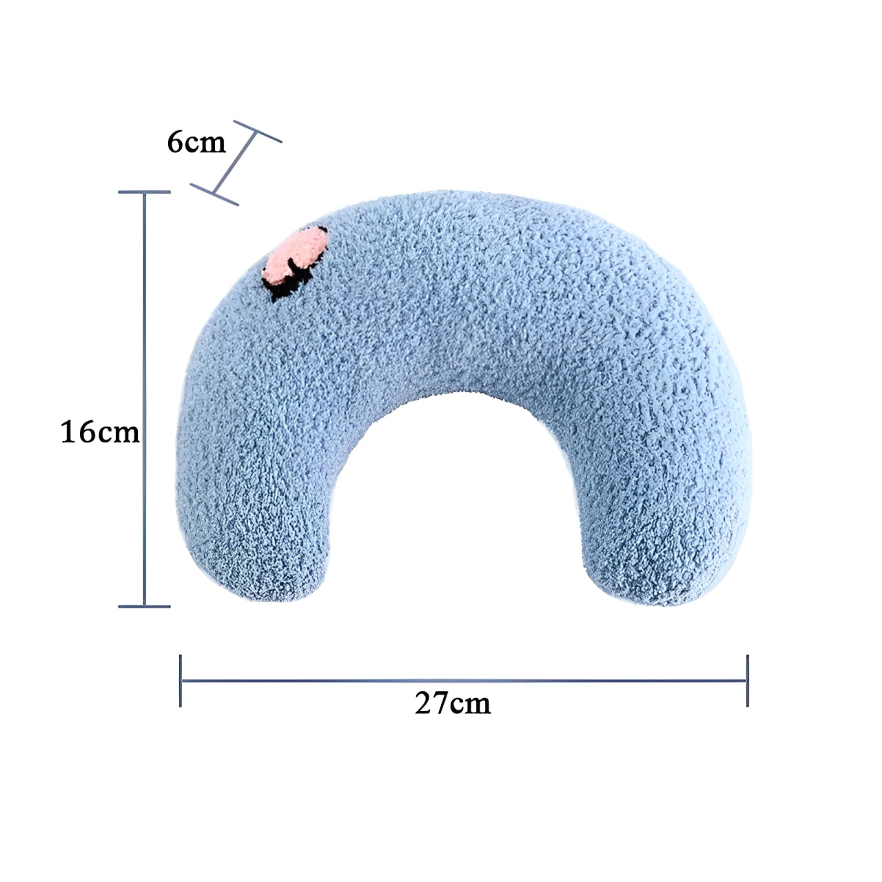 A blue U-shaped cat hugging pillow and measurements