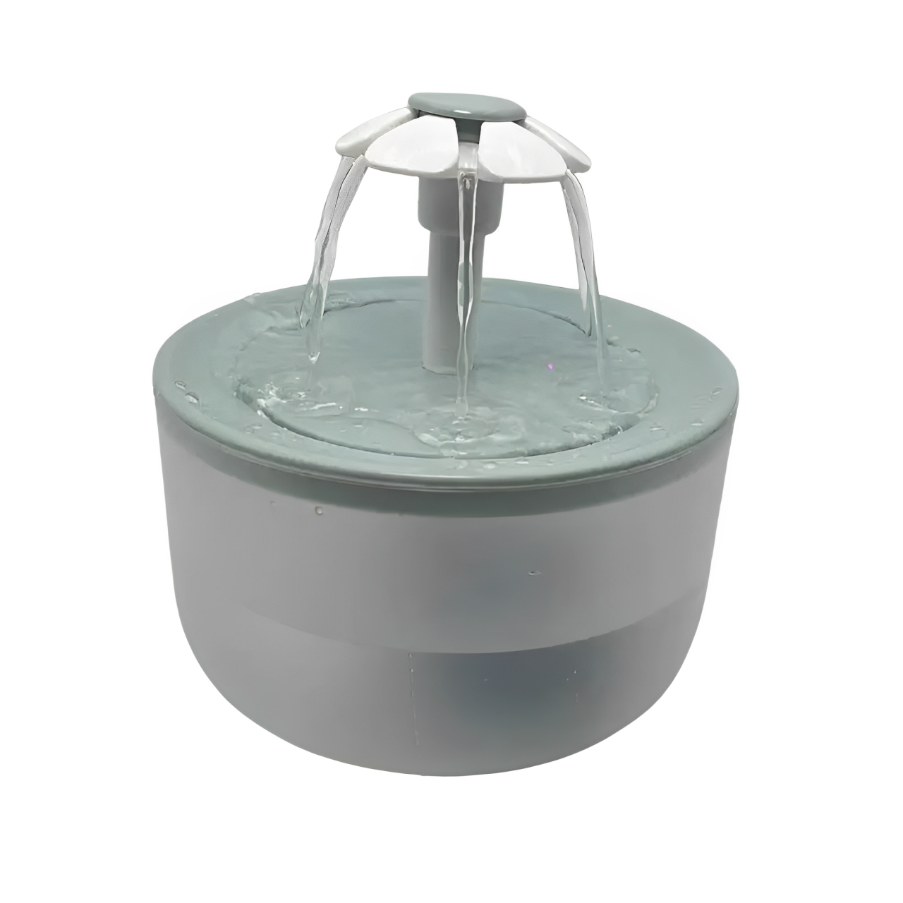 A green cat water fountain with a flowing water design on a white background