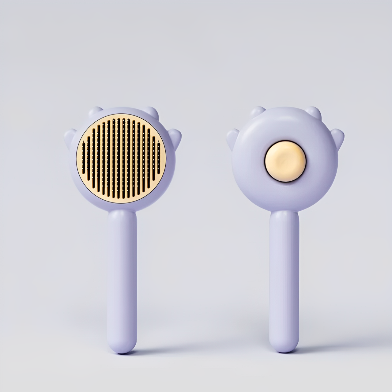 Cat hair brush from different angles, with lilac handles and orange bristles.