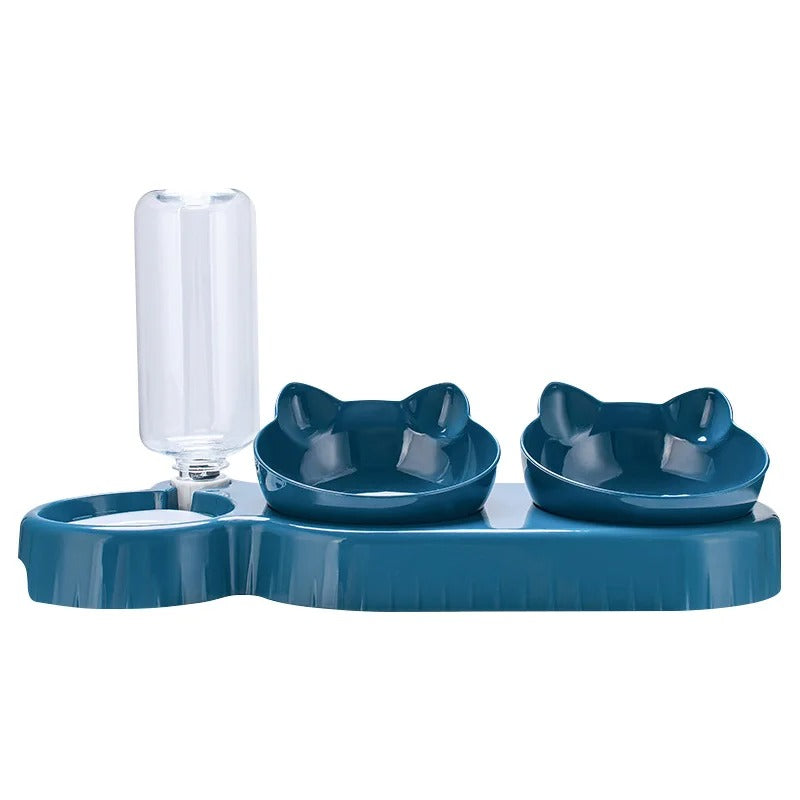 Blue pet feeding station with two bowls and a water dispenser on a white background