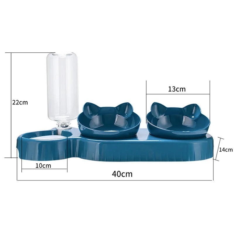 Blue pet feeding station with dimensions on a white background