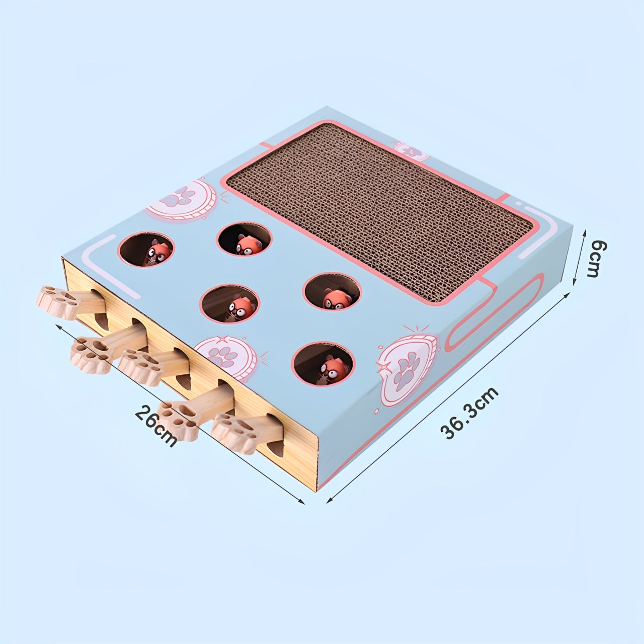 Pet toy with scratching area and tunnels on a light blue background