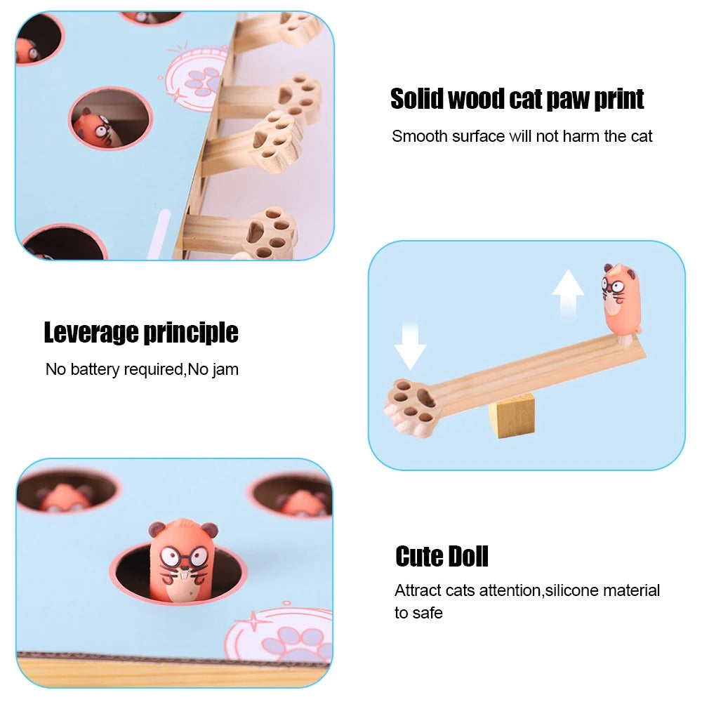 Product features of a cat toy with paw print design on a wooden surface.