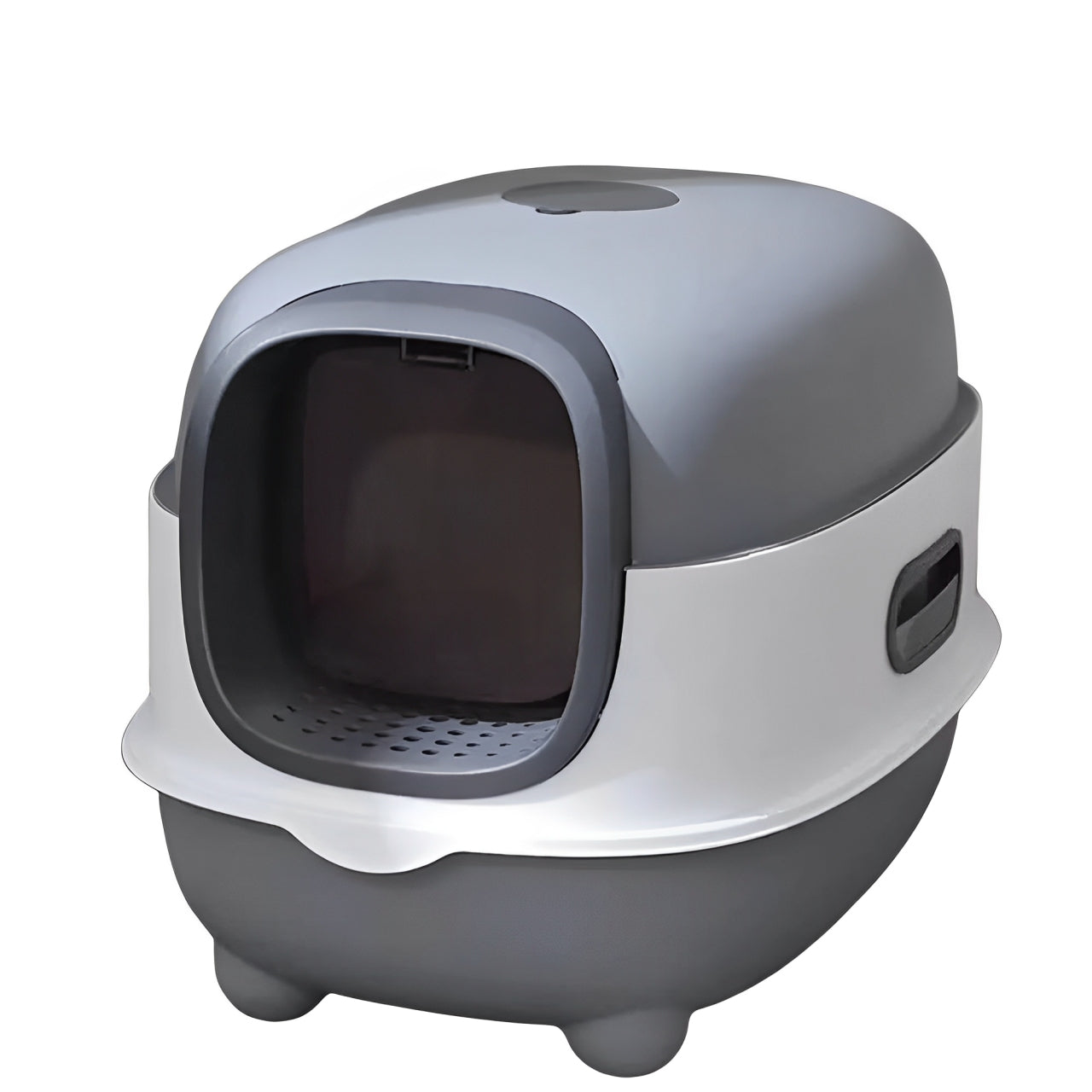 Gray and white cat litter box on a white background