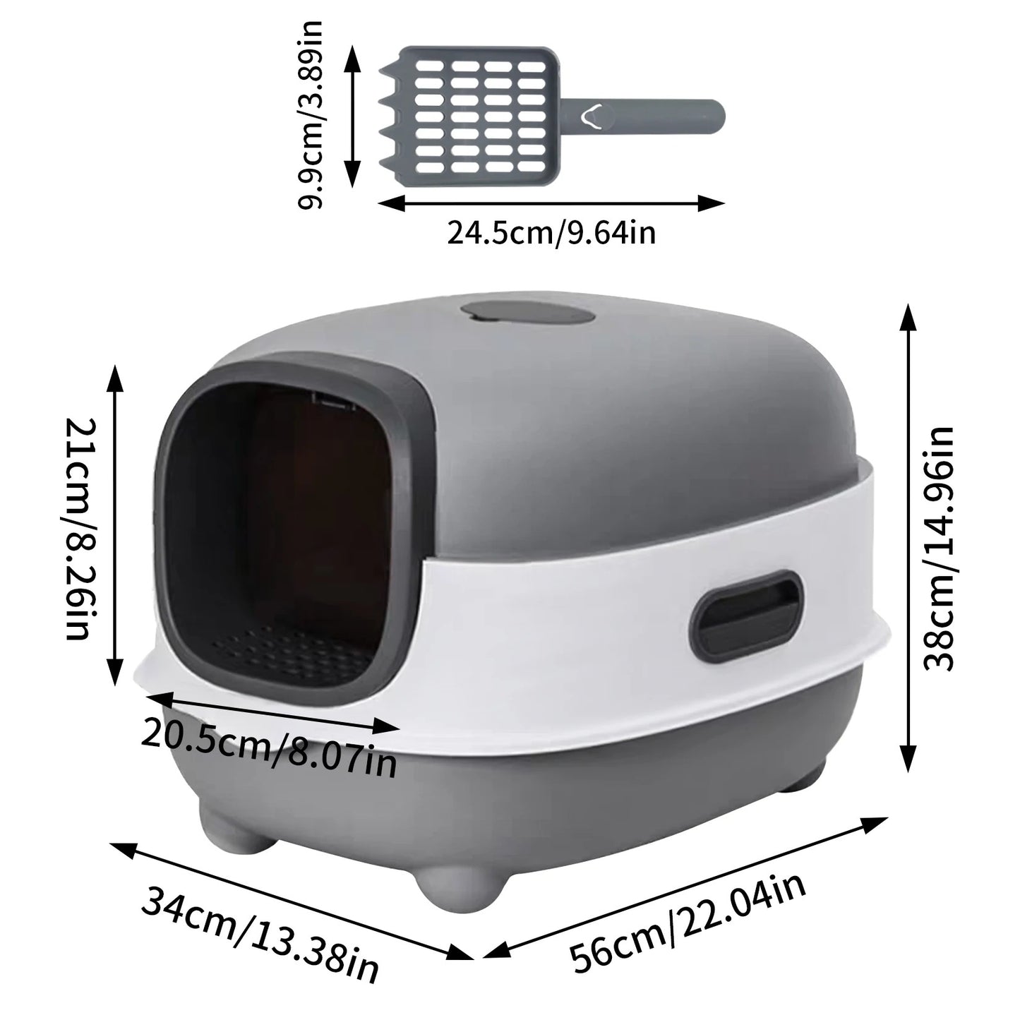 Gray cat litter box with dimensions indicated on a white background