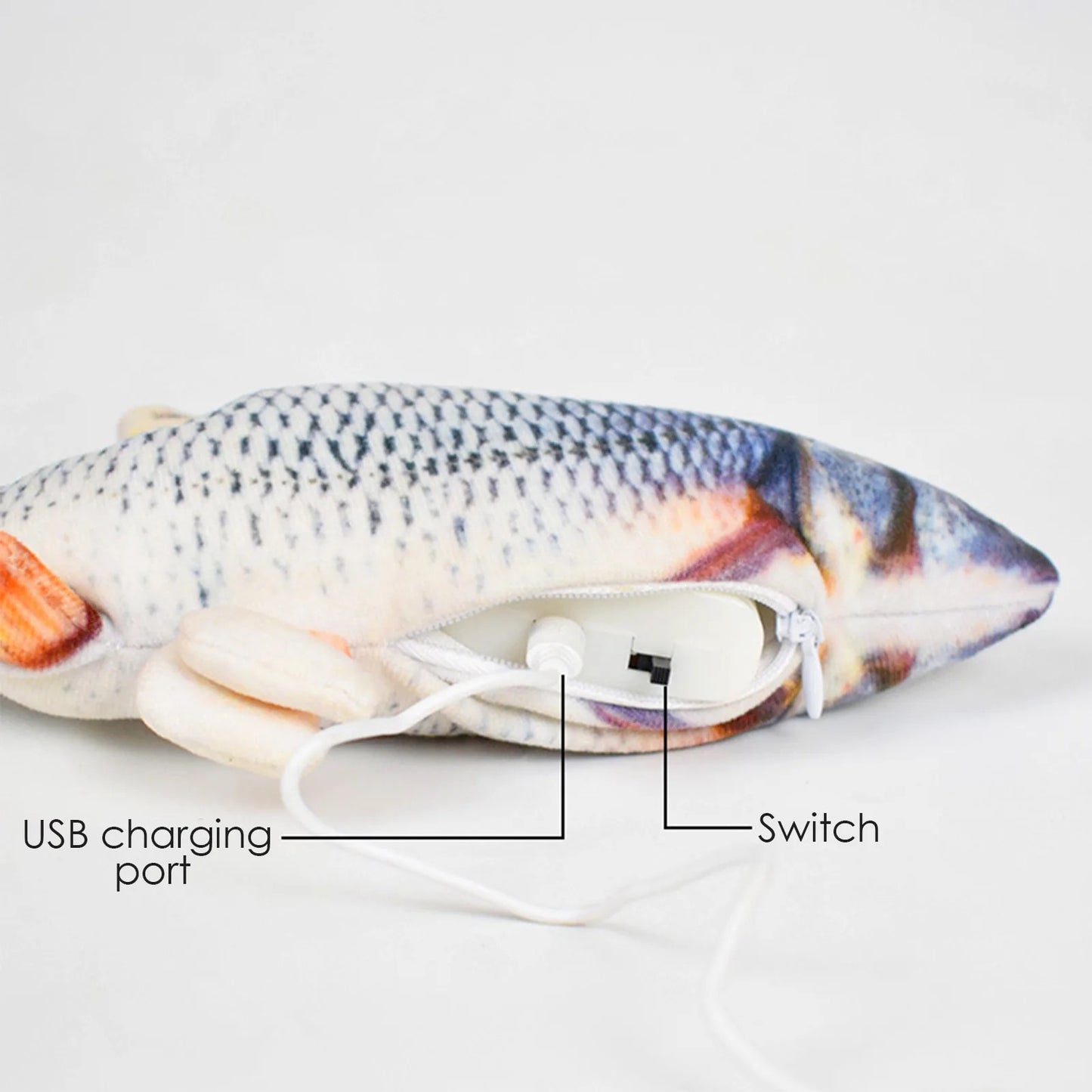Colorful cat toy with USB charging port and switch labeled on a white background