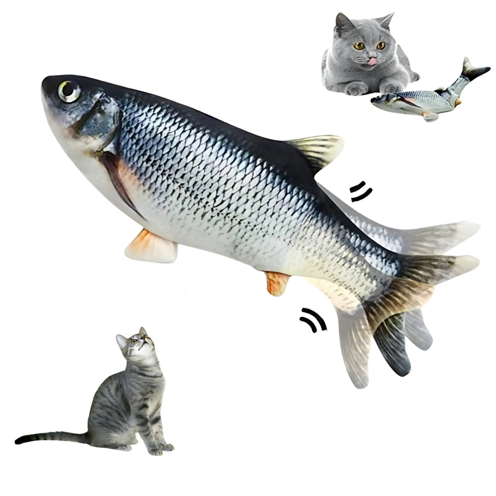 Cat playing with a fish-shaped toy on a white background