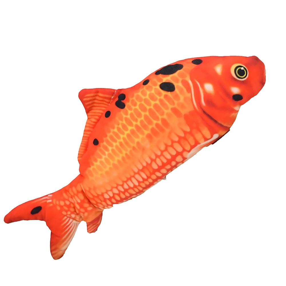 Orange fish-shaped toy with black spots on a white background