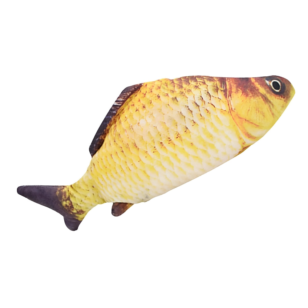 Fish-shaped toy with yellow and brown pattern on a white background