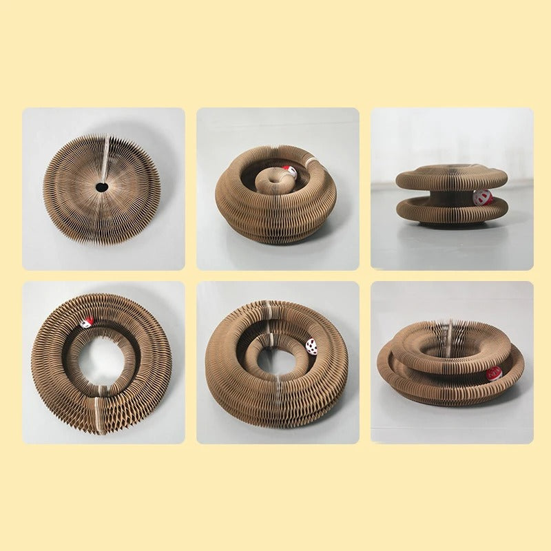 Set of six images showing a brown woven Cat scratcher on a light yellow background