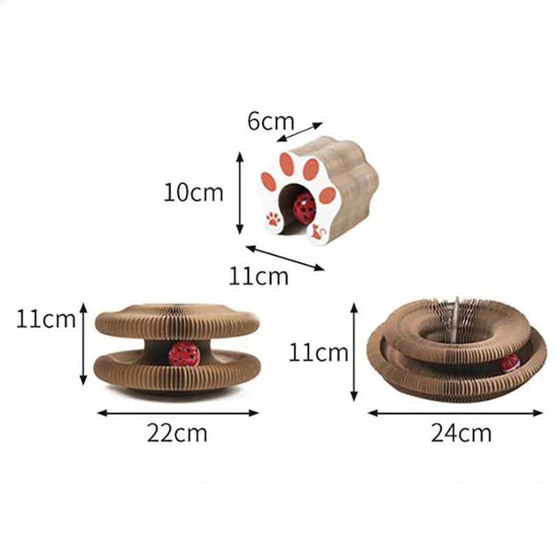 Measurement chart of a cardboard cat toy with dimensions labeled on a white background