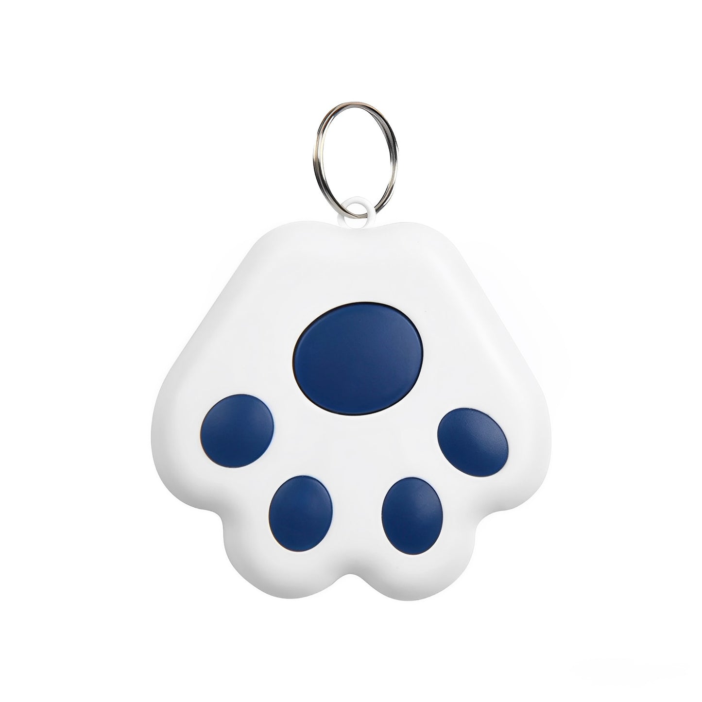 A white and navy blue mini GPS Bluetooth tracker device with a white background