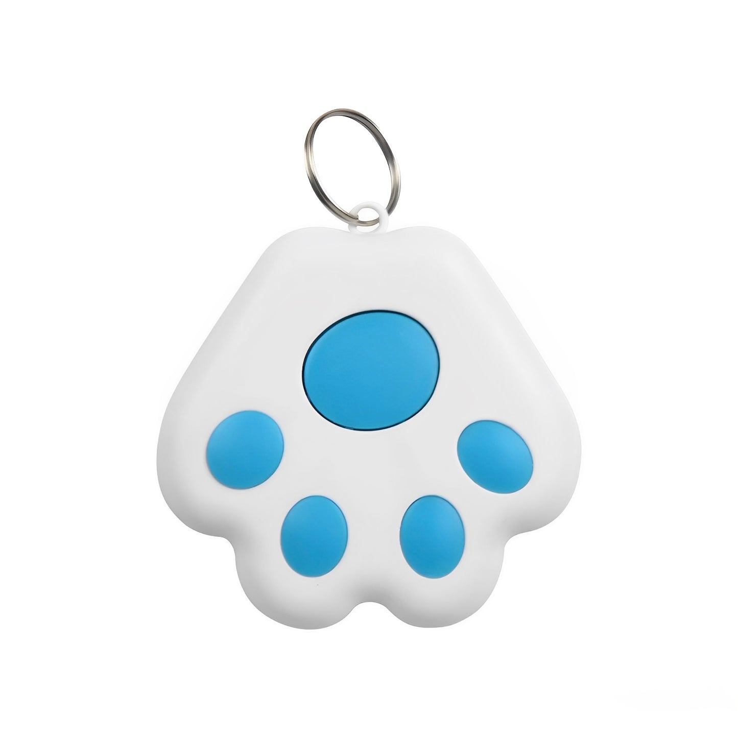 A white and blue mini GPS Bluetooth tracker device with a white background