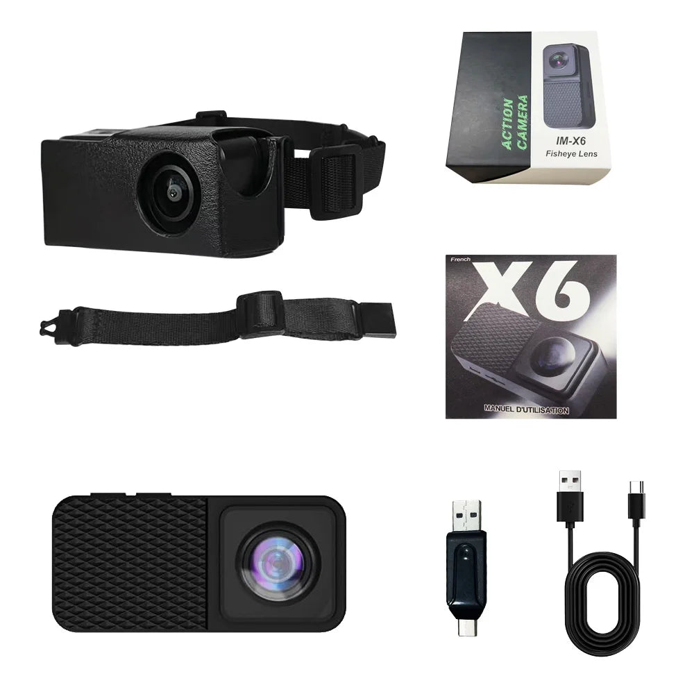 Pet camera with accessories including a strap, USB cable, and packaging on a white background