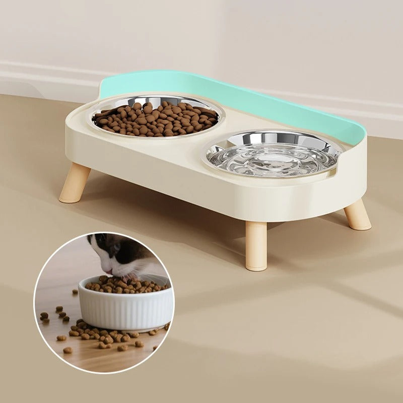 Pet feeding station with two bowls on a beige surface, showing a close-up of one bowl with food.