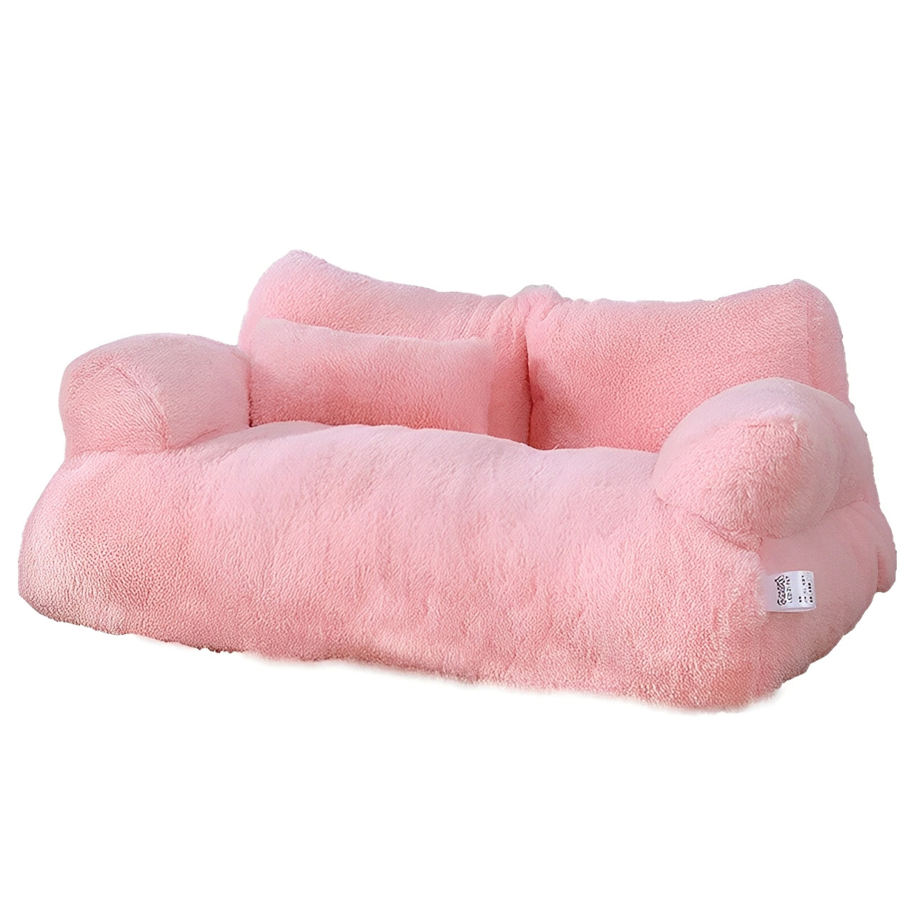 Pink plush cat sofa in a white background.