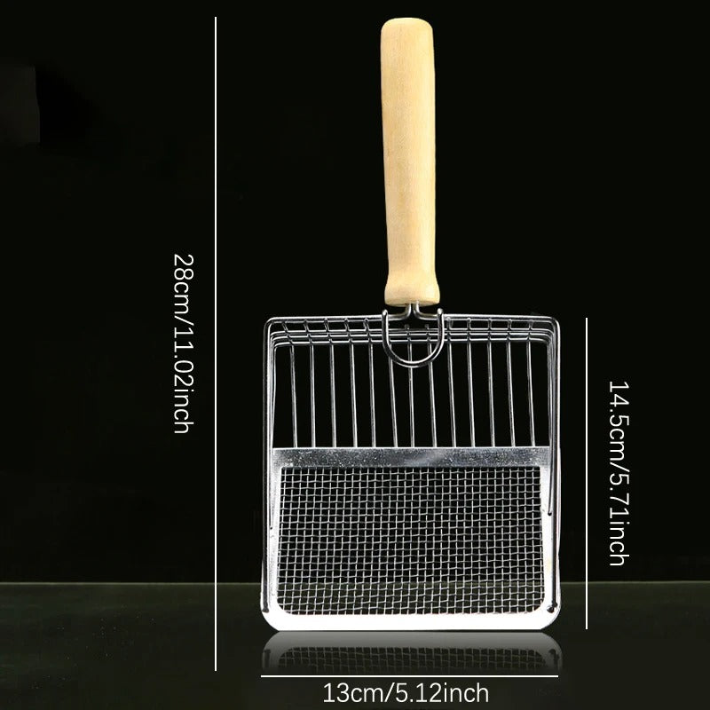 Stainless Steel with Wooden Handle Litter Scoop in a black background, showing its measures.