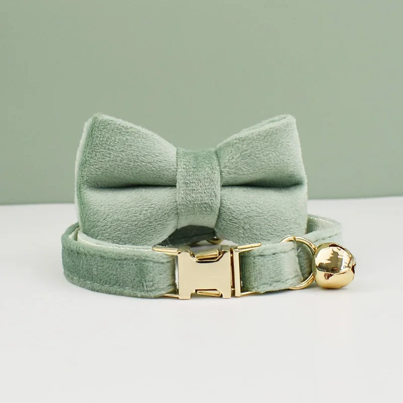 Mint green velvet bow tie cat collar with gold clasp and bell on a light gray surface.