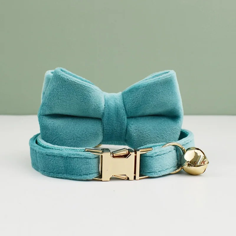 Velvet bow tie cat collar with gold buckle and bell on a light background