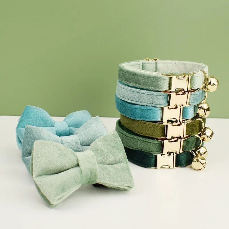 Set of green and blue bow ties and cat collars on a white surface with a green background