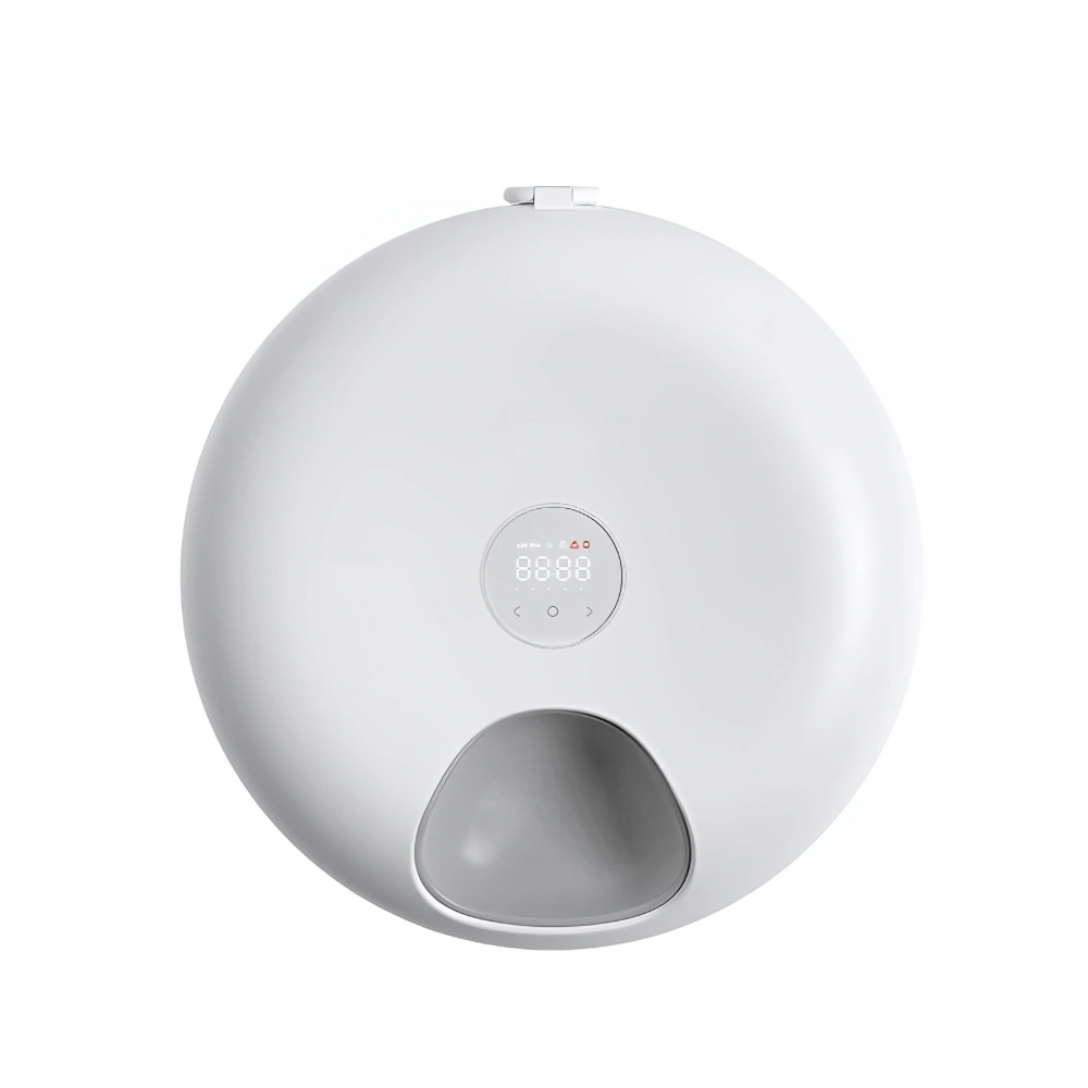 A white automatic cat feeder with a white background