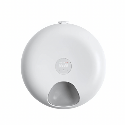 A white automatic cat feeder with a white background