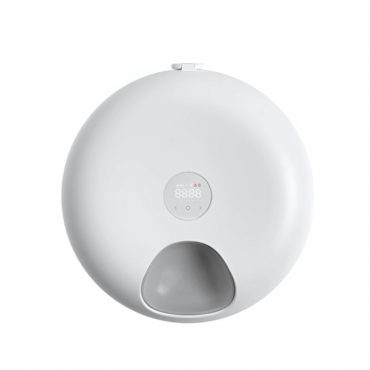 A white automatic cat feeder with a white background