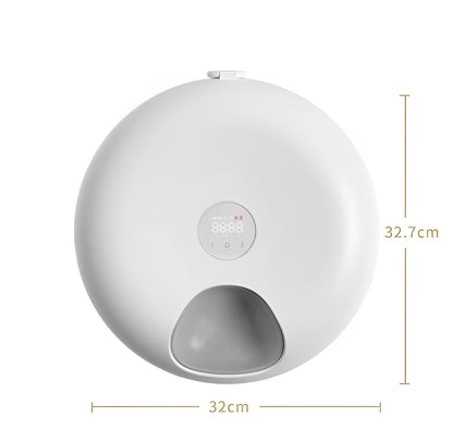 A white automatic cat feeder with a white background with measurements 