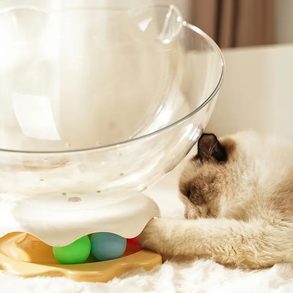 A cat playing with a track ball inside an acrylic capsule-shaped bowl