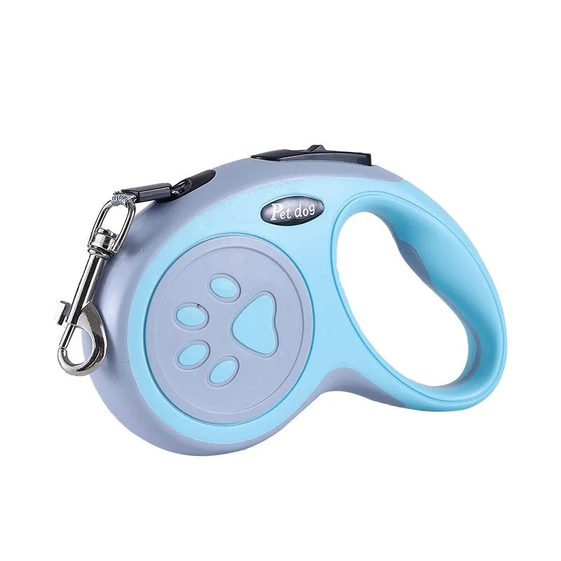Light blue pet leash with handle and keychain on a white background
