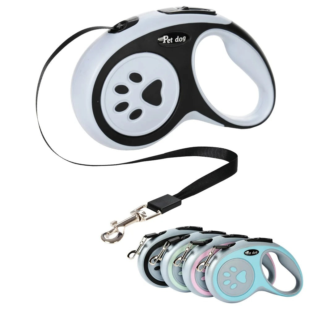 Retractable dog leash with multiple color options on a white background