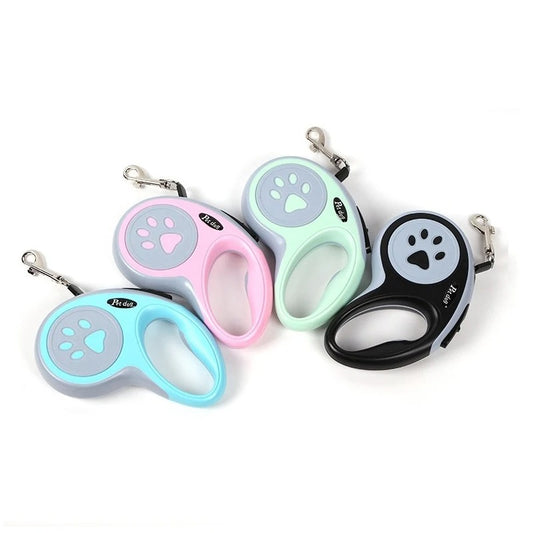 Four retractable dog leashes in different colors on a white background