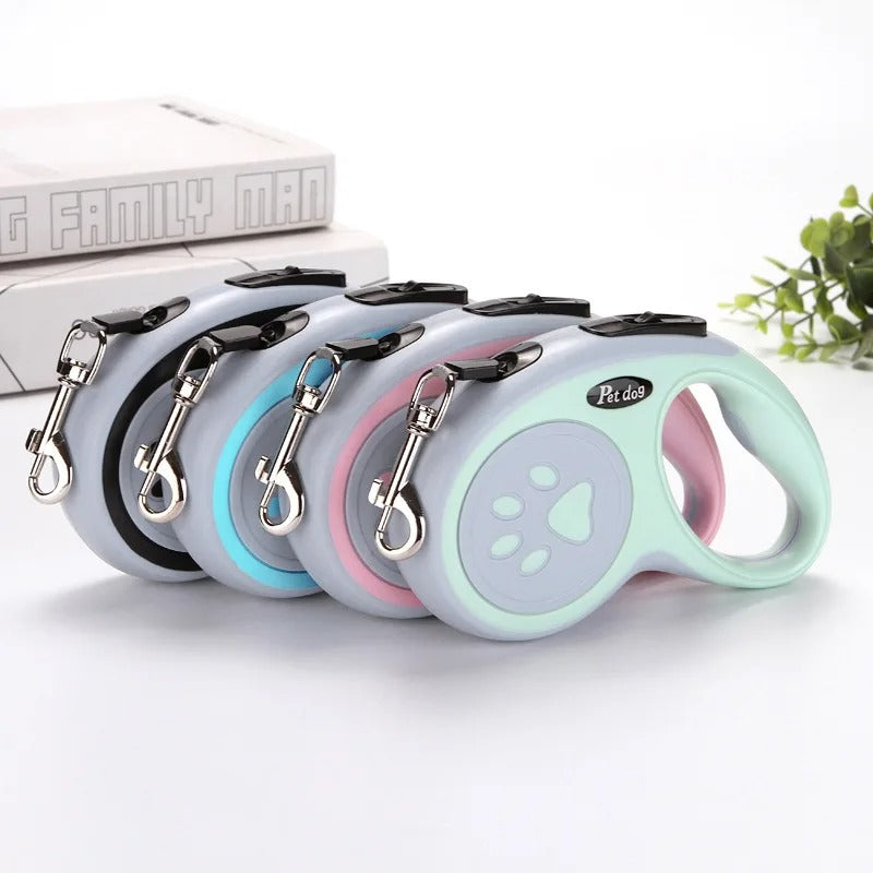 Set of four retractable dog leashes in different colors on a white background.