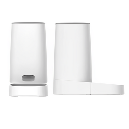 A white automatic cat feeder with a stainless steel food bowl seen from the front and sideways.