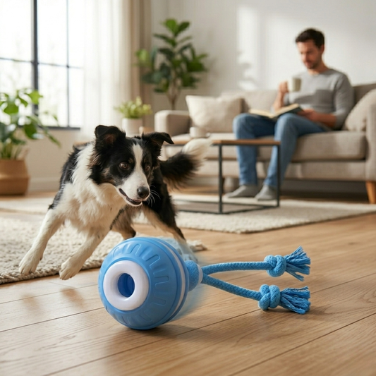 Dog playing with a blue toy in a living room while a man reads on the couch.