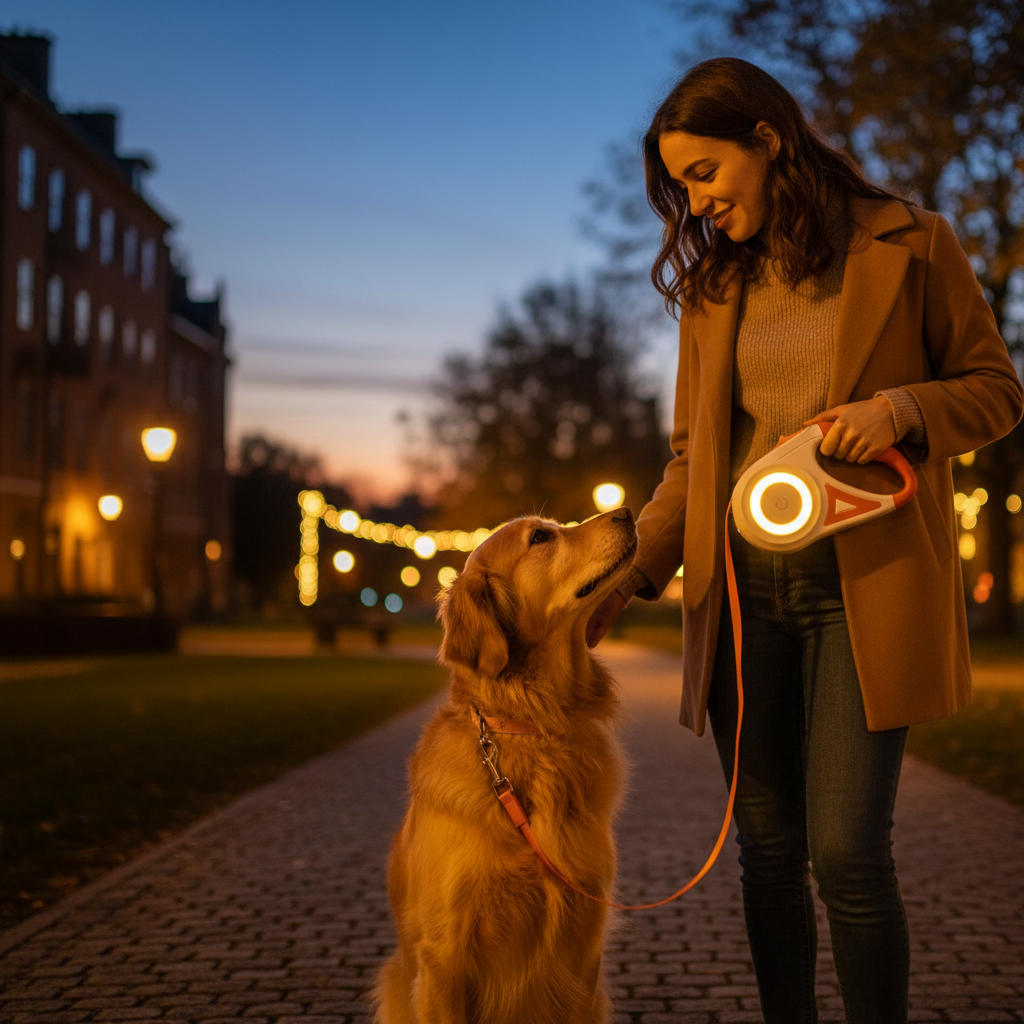 Woman with a dog on a leash at night with lights in the background