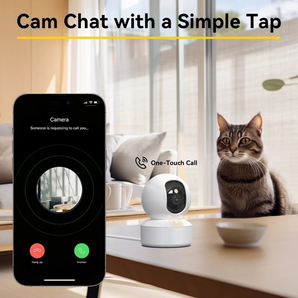 Smart camera device with smartphone app interface, cat sitting on a table in the background.