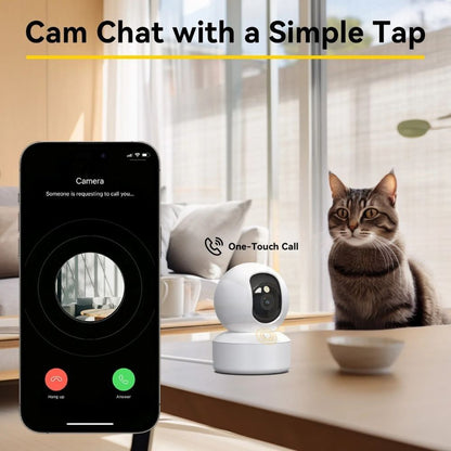 Smart camera device with smartphone app interface, cat sitting on a table in the background.