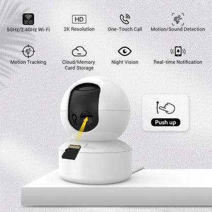 Smart home security camera with features listed on a white background