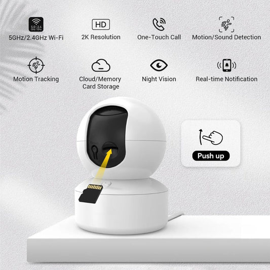 Smart home security camera with features listed on a white background