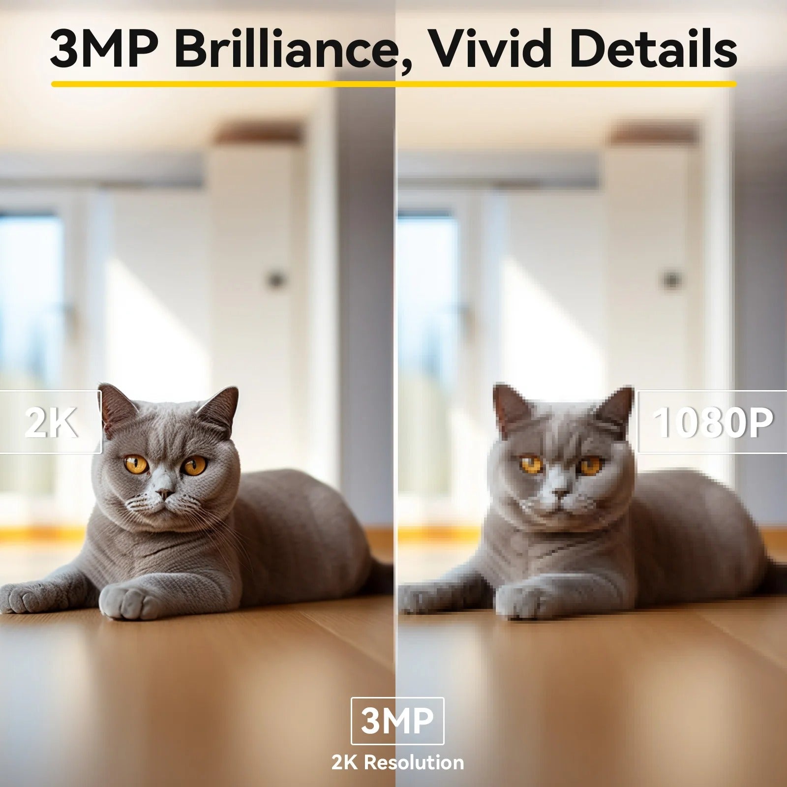 Comparison of a cat's image quality at 2K and 1080P resolutions with '3MP Brilliance, Vivid Details' text.