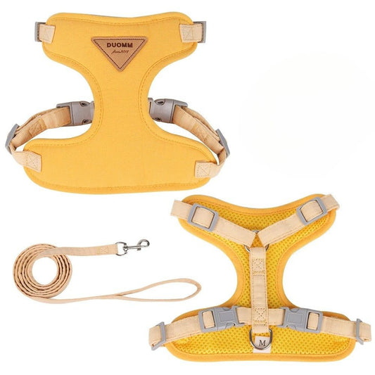 Yellow cat harness and leash set on a white background